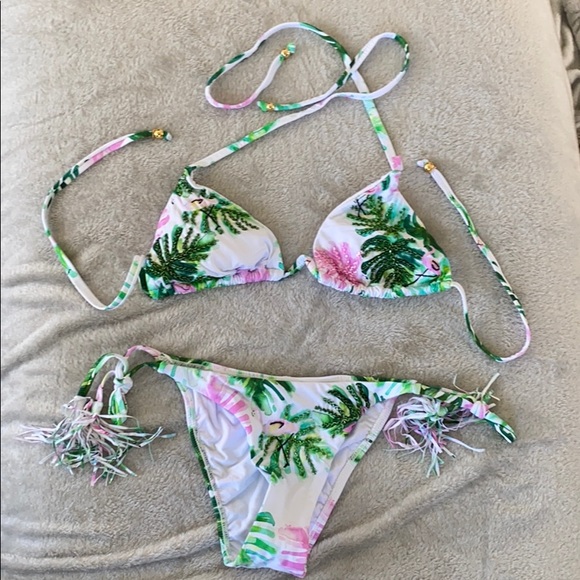 PilyQ pink and green Flamingo bikini - Picture 1 of 6